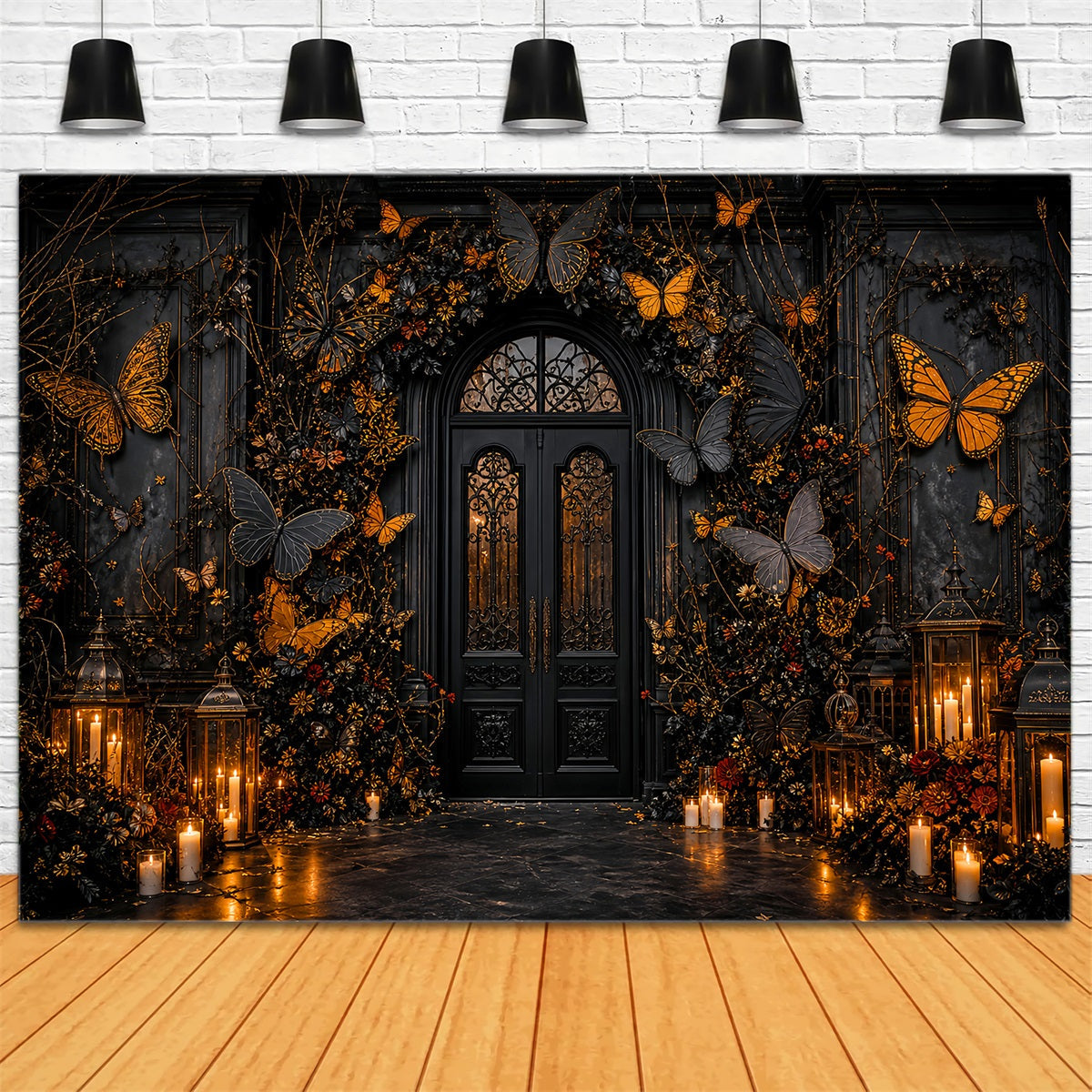 Halloween-Party-Fotohintergrund-Ideen Schwarz-Goldener Schmetterlingseingang Gruseliger Halloween-Hintergrund LXX67-204