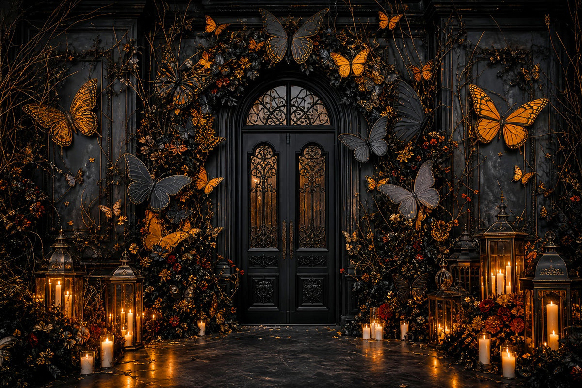 Halloween-Party-Fotohintergrund-Ideen Schwarz-Goldener Schmetterlingseingang Gruseliger Halloween-Hintergrund LXX67-204