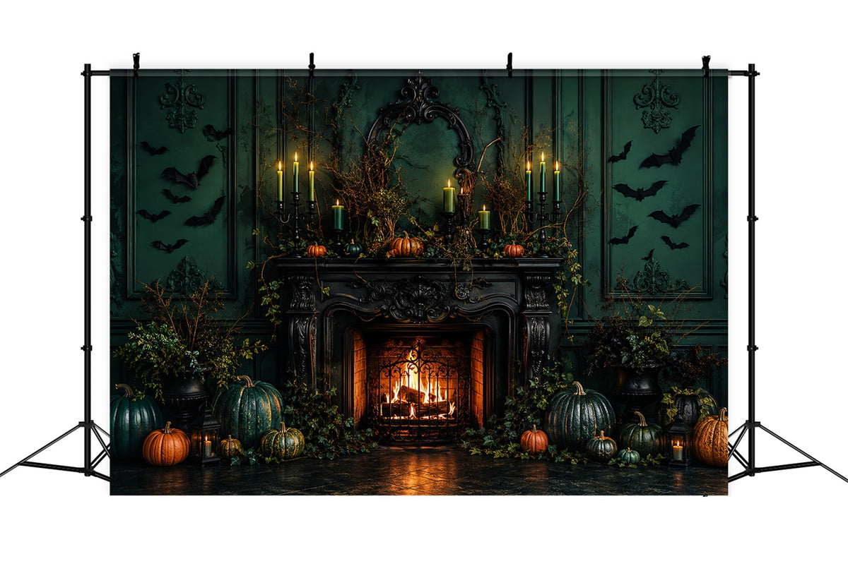 Gruselige Halloween-FotohintergründeSmaragdgrüner Kürbis-Kaminsims Happy Halloween Hintergrund LXX67-206