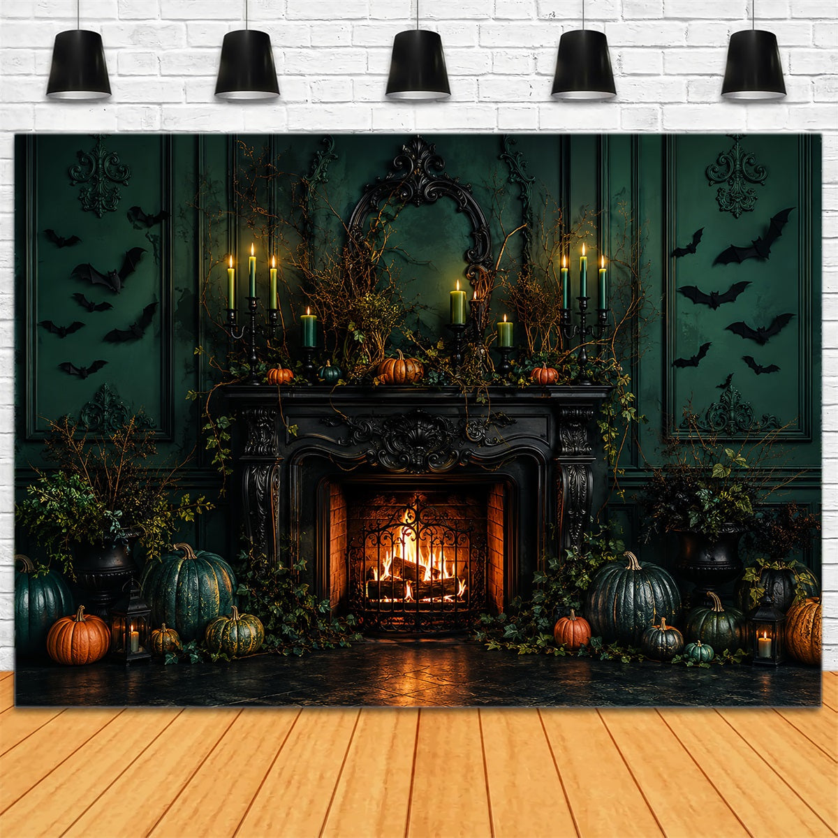 Gruselige Halloween-FotohintergründeSmaragdgrüner Kürbis-Kaminsims Happy Halloween Hintergrund LXX67-206