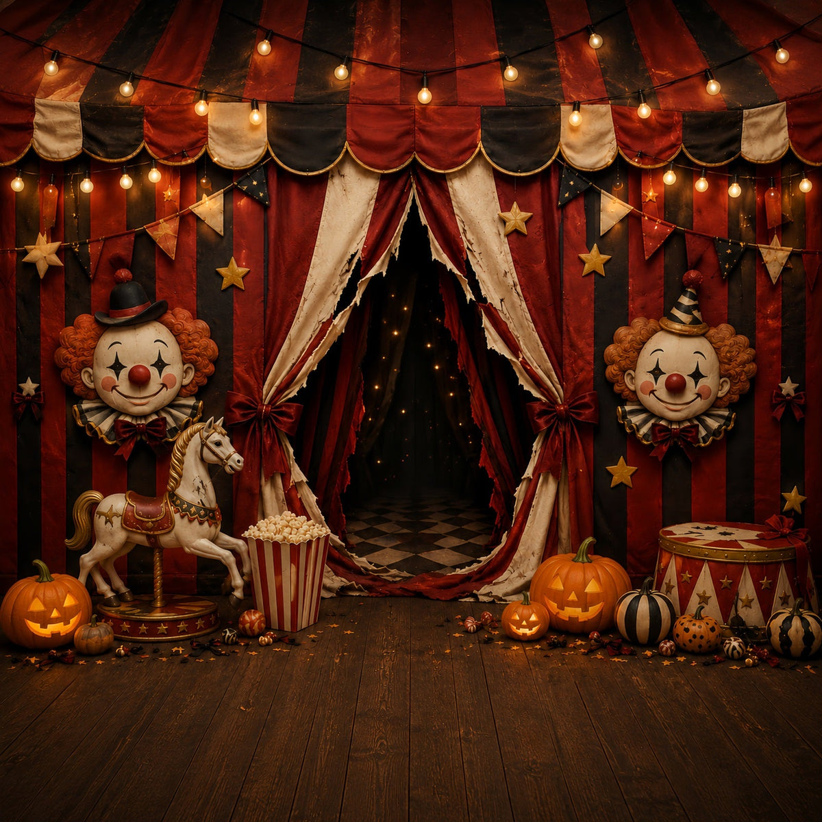 Halloween-Clown-Hintergrund Vintage-Clown-Zirkuseingang Halloween-Stoffhintergrund LXX67-208