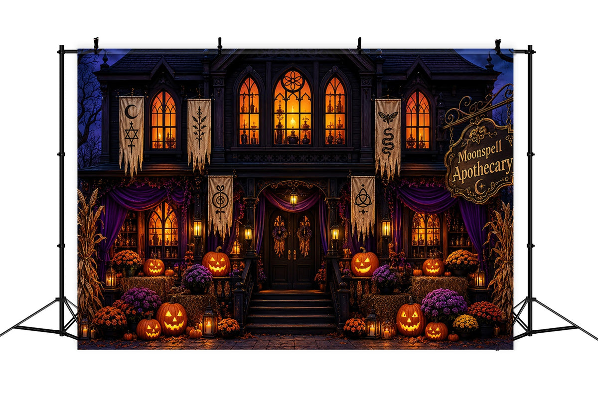 Halloween-FotohintergrundGotische Kürbis-Apothekerfassade Diy-Halloween-Fotohintergrund LXX67-209