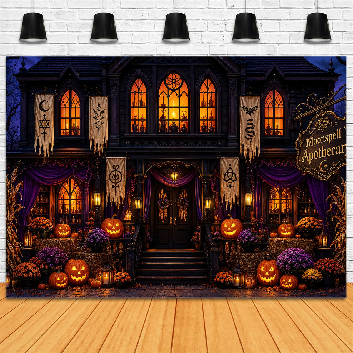 Halloween-FotohintergrundGotische Kürbis-Apothekerfassade Diy-Halloween-Fotohintergrund LXX67-209
