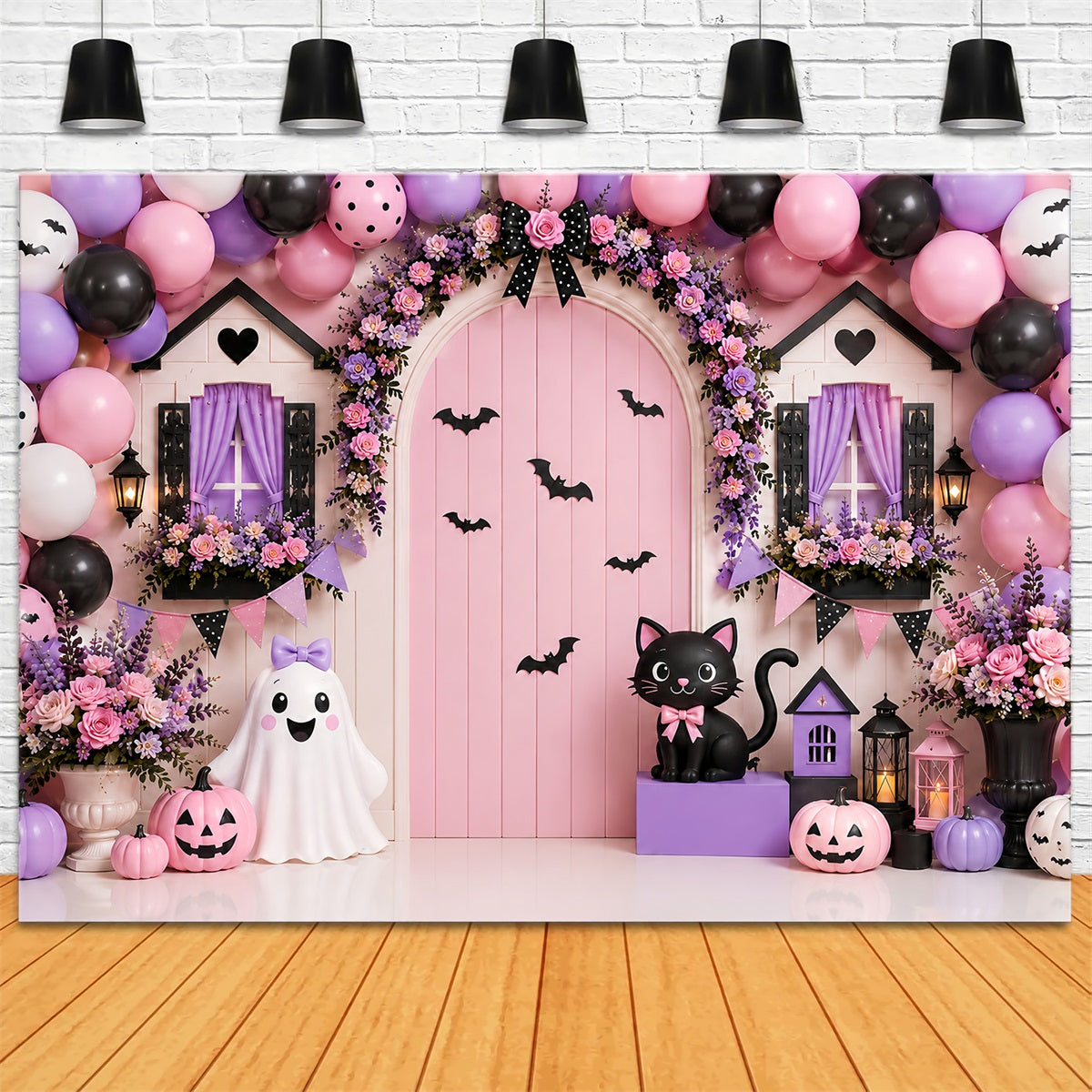 Kürbisbeet-Hintergrund Rosa Blumen Geistertür Halloween-Fotohintergrund LXX67-212