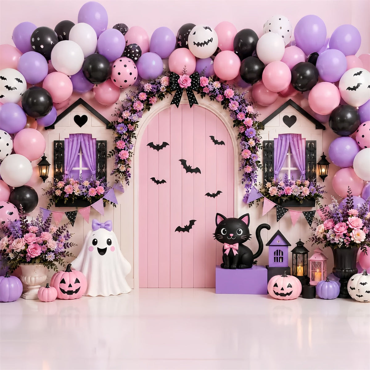 Kürbisbeet-Hintergrund Rosa Blumen Geistertür Halloween-Fotohintergrund LXX67-212