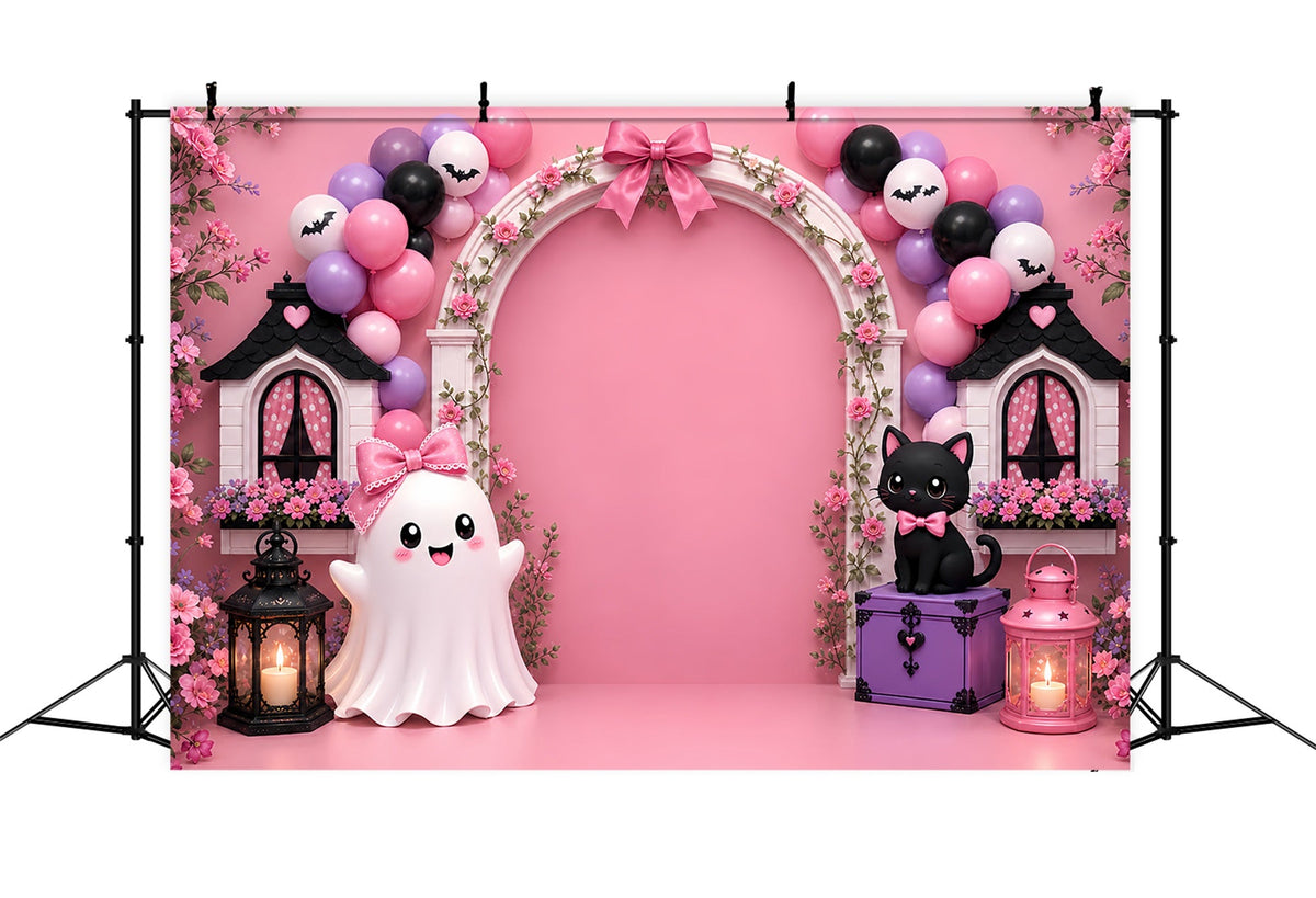 Kürbisbeet-Hintergrund Fliege Geist Katze Bogen Halloween-Fotohintergrund LXX67-213