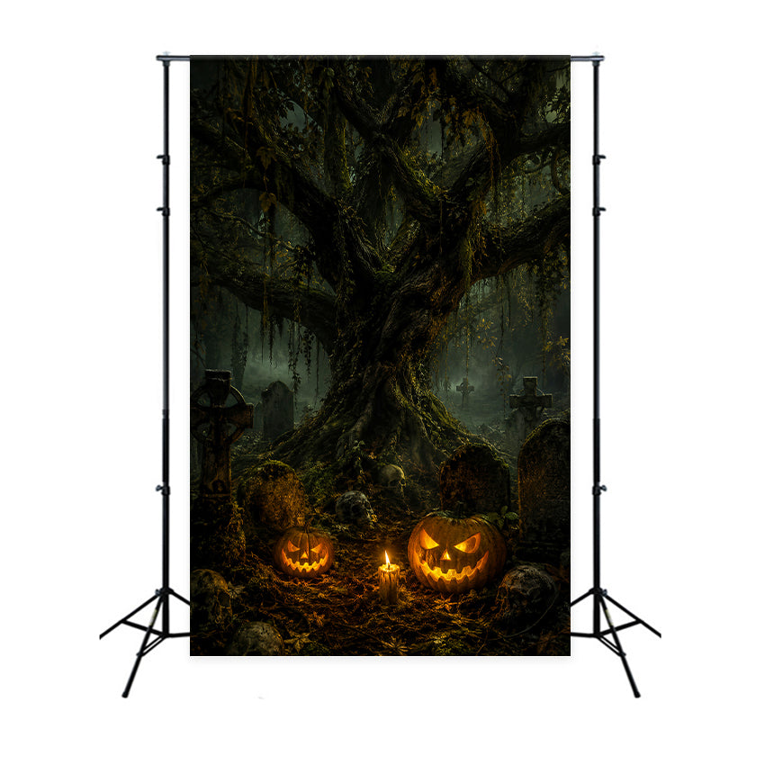 Friedhofskulisse Mit Moosschädel Und Kürbis Halloween-Fotohintergrund LXX67-215
