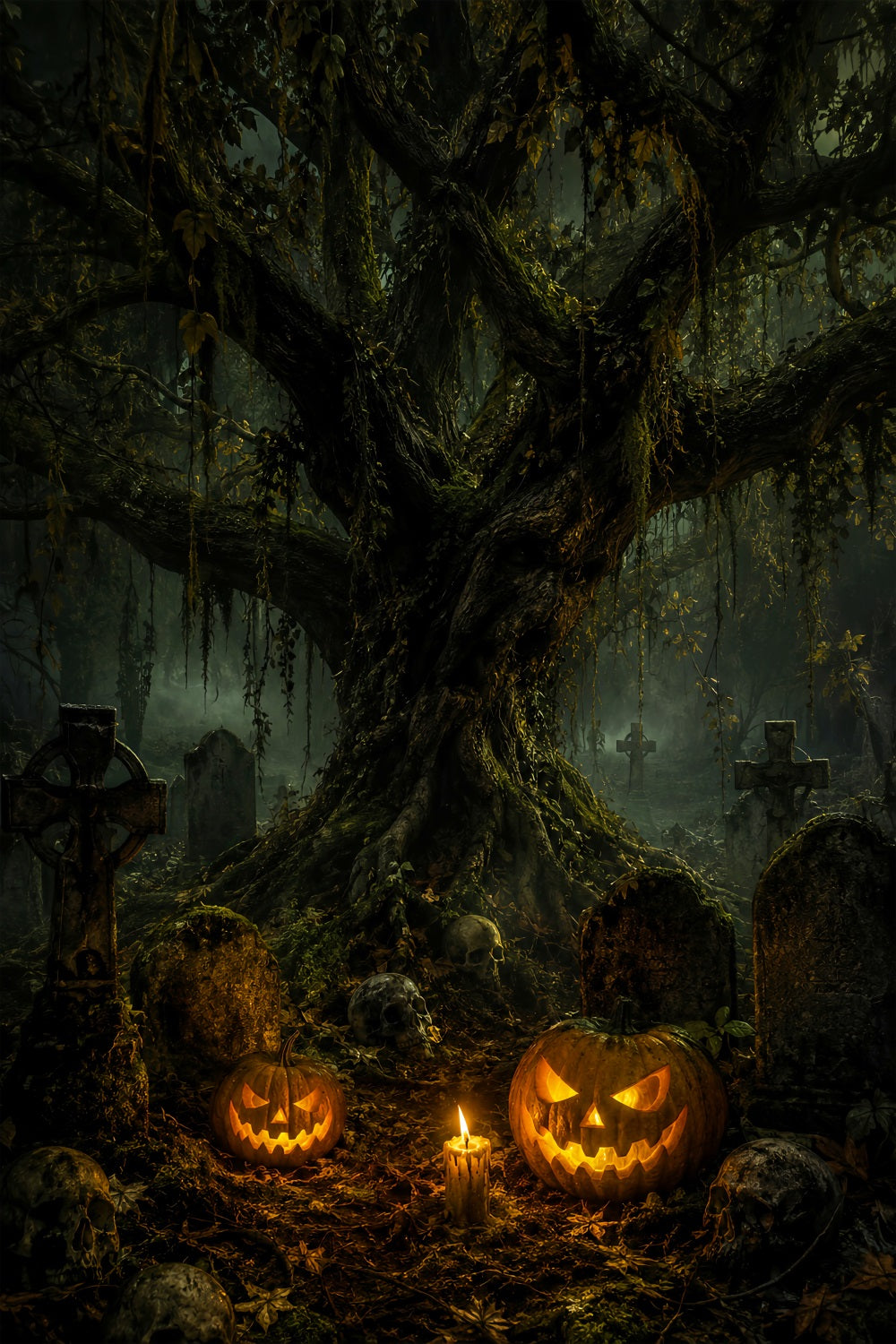 Friedhofskulisse Mit Moosschädel Und Kürbis Halloween-Fotohintergrund LXX67-215