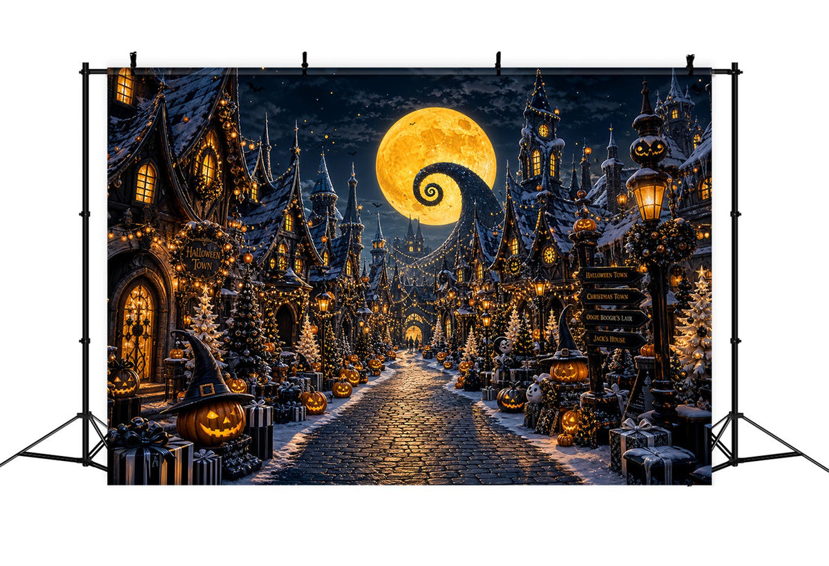 Halloween-Dorf-Hintergrund Spiralmond-Kürbis-Fotokabinen-Hintergrund LXX67-220