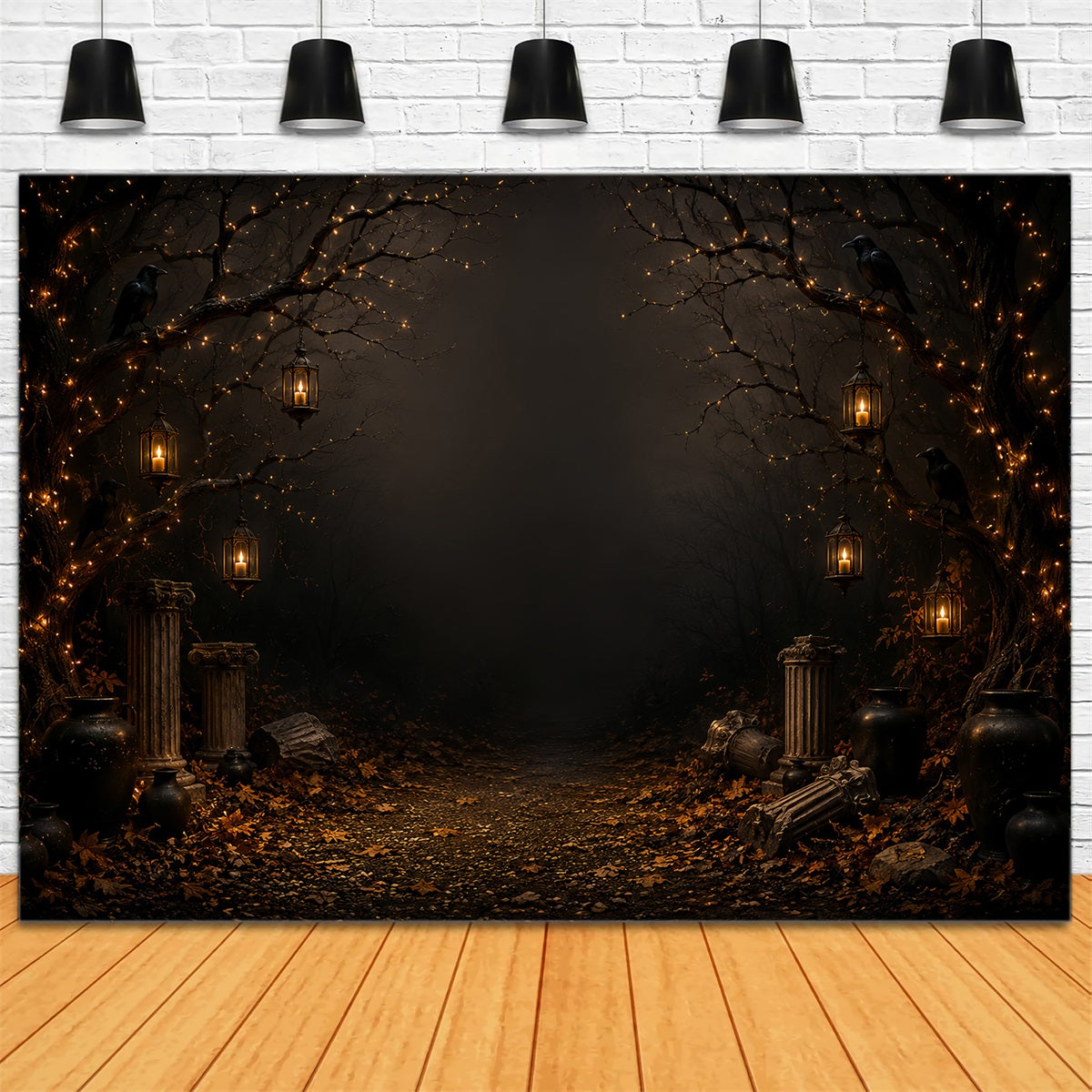 Geisterhafte Kulisse Kerzenlicht Rabe Waldweg Gothic-Fotohintergrund LXX67-221