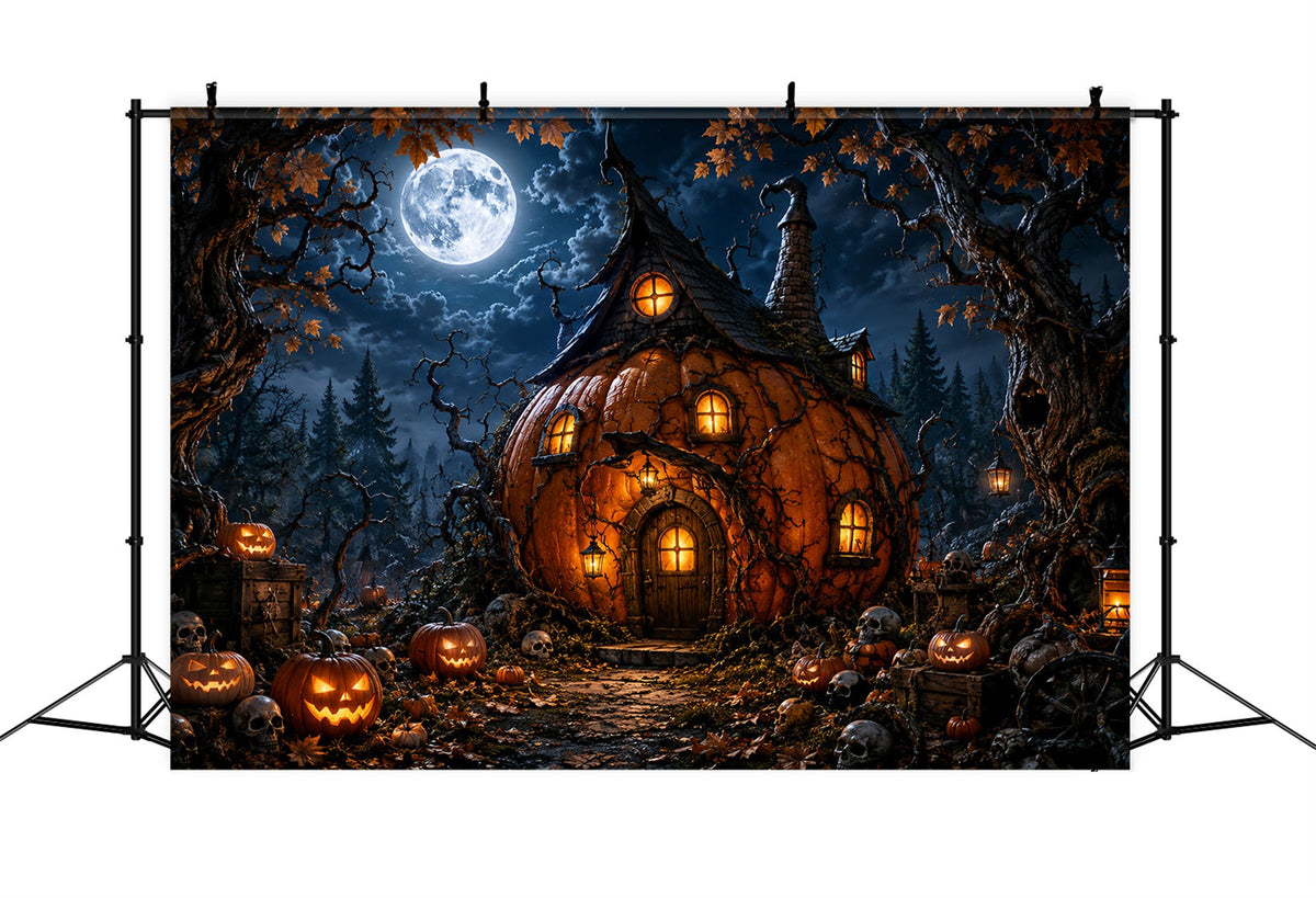 Magischer Wald-Hintergrund Mondschein-Kürbis Hexenhütte Halloween-Fotohintergründe LXX67-222