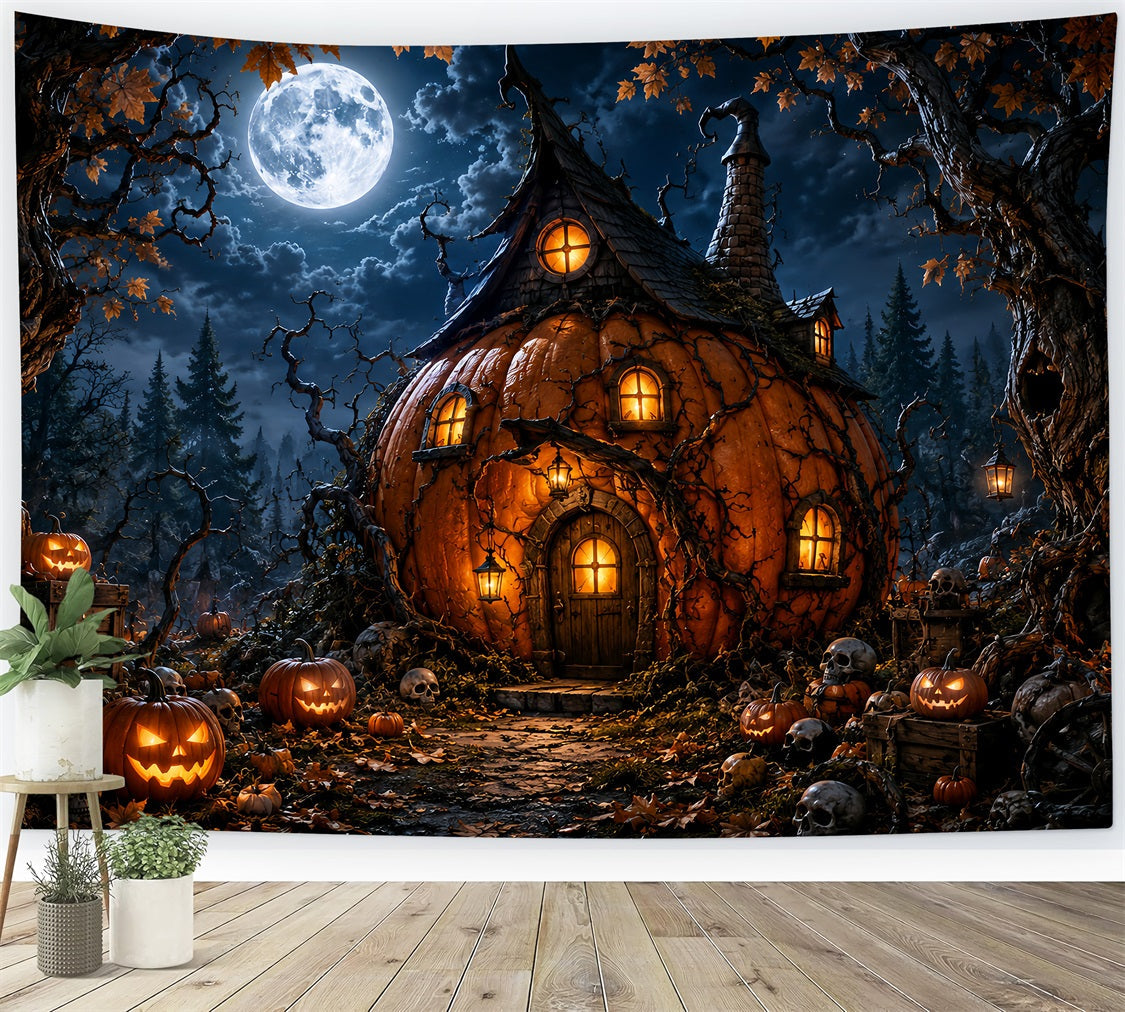 Magischer Wald-Hintergrund Mondschein-Kürbis Hexenhütte Halloween-Fotohintergründe LXX67-222
