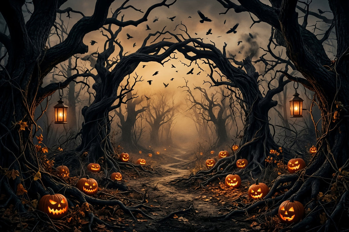 Gruseliger Waldhintergrund Kürbis Verdrehte Bäume Schauriger Halloween-Hintergrund LXX67-224