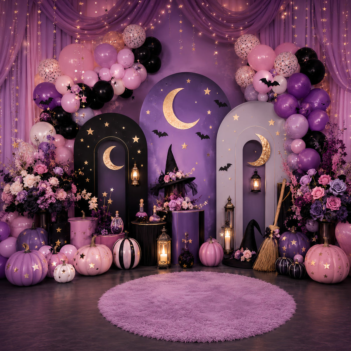 Fotohintergrund Kürbisbeet Himmelshexe Mondfeier Halloween-Party-Hintergrund LXX67-226