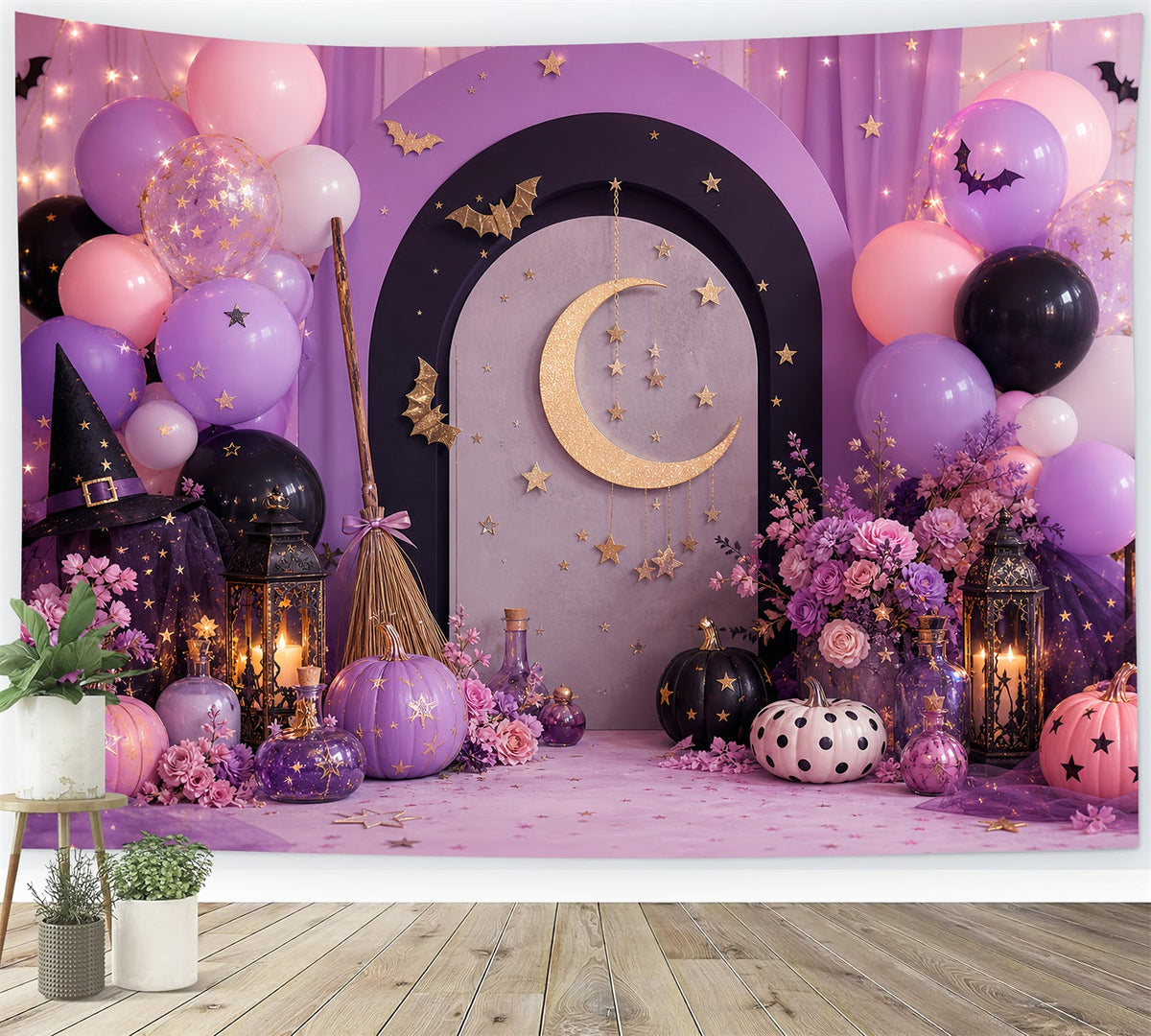Fotohintergrund Kürbisbeet Goldener Halbmond Hexenparty Halloween-Party-Hintergrund LXX67-227