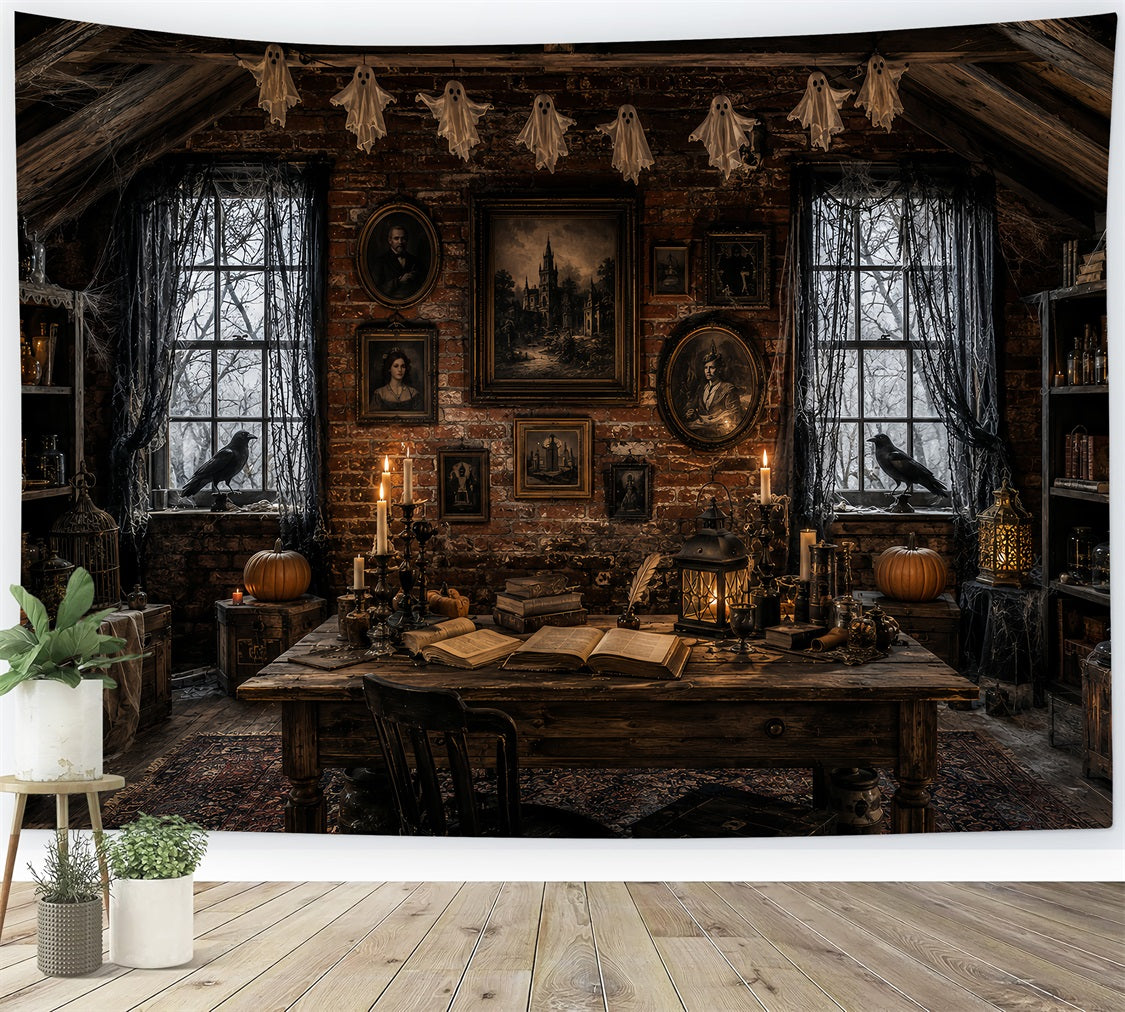 Spukhaus-Hintergründe Rabenporträt Im Kerzenlicht Dachboden-Hintergründe Für Halloween-Fotos LXX67-228