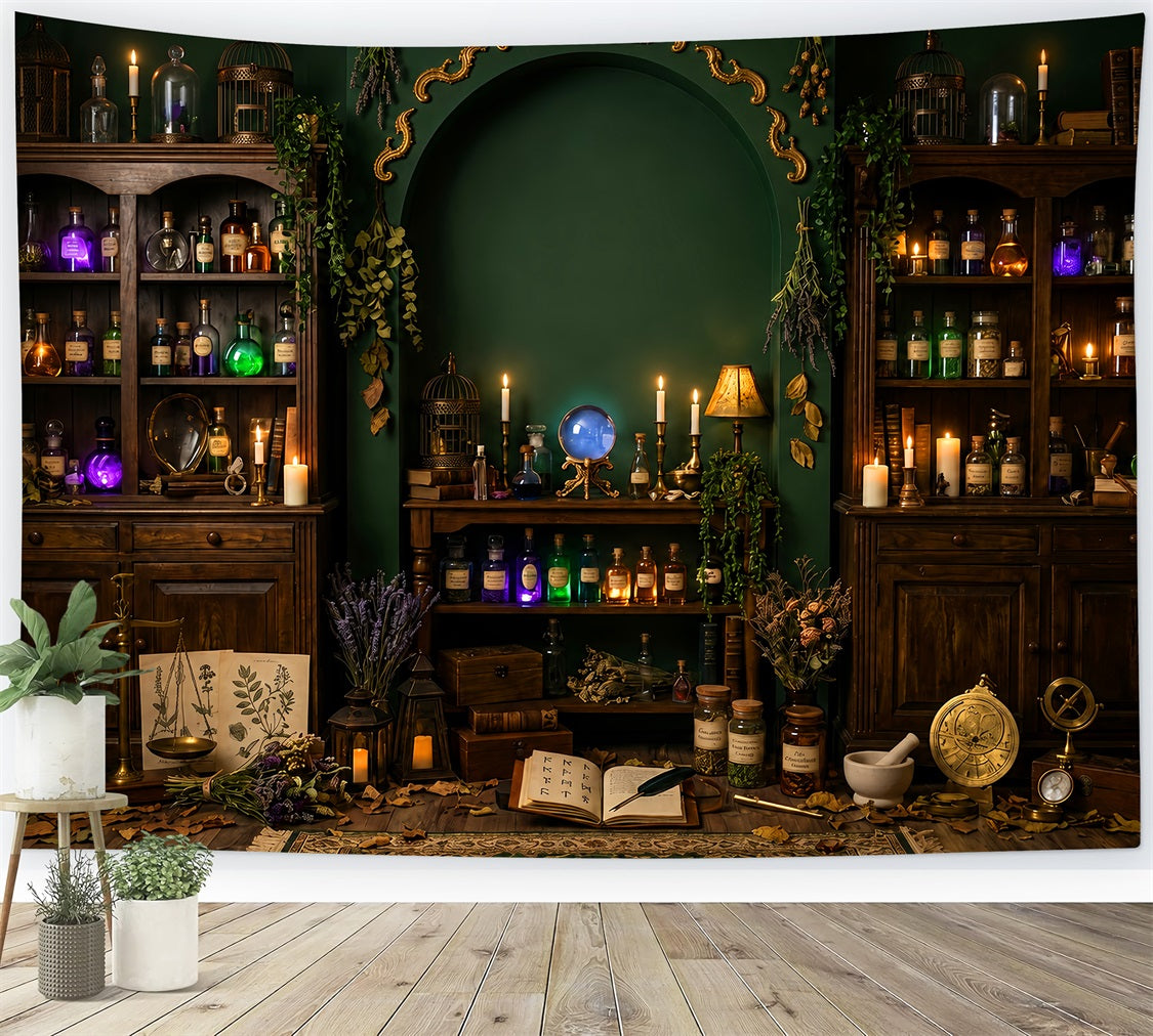 Spukbibliothek-Kulisse Smaragdgrüne Hexenapothekenkammer Große Halloween-Kulisse LXX67-234