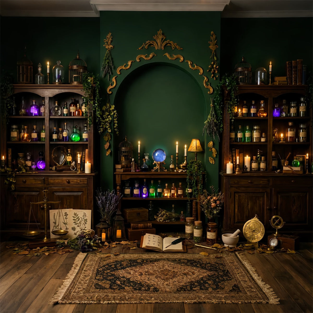 Spukbibliothek-Kulisse Smaragdgrüne Hexenapothekenkammer Große Halloween-Kulisse LXX67-234
