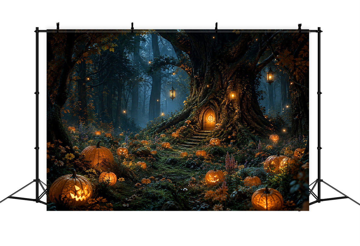 Gruseliger Waldhintergrund Laternenbeleuchteter Kürbisbaum Hütte Halloween-Fotografie-Hintergrund LXX67-239