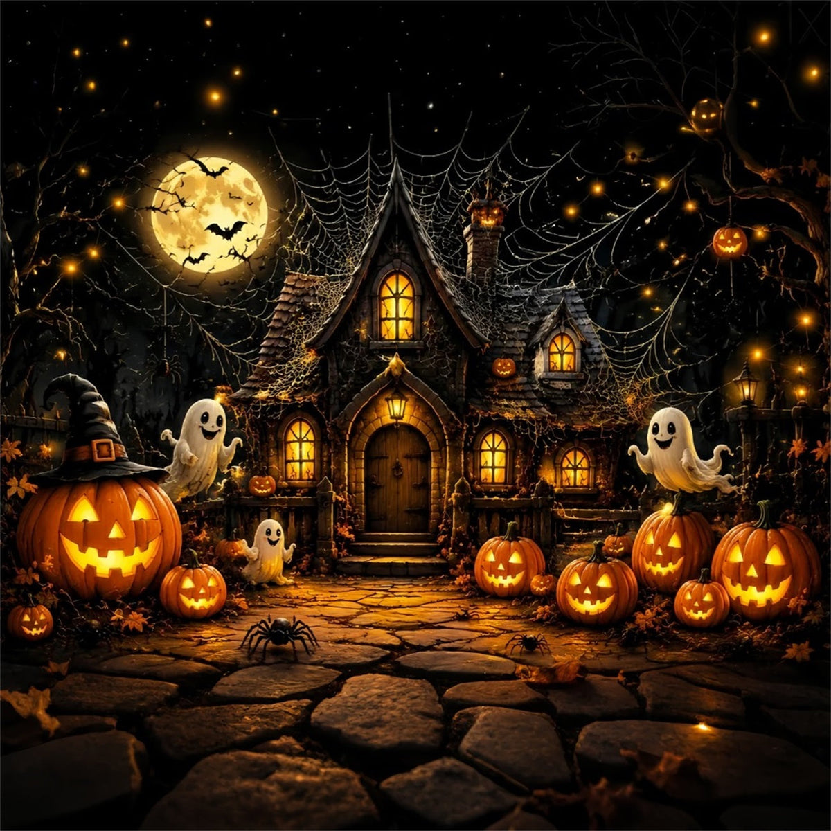 Halloween-Hintergrund Für FotoboxGeist Kürbis Hütte Spinnweben Niedlicher Halloween-Hintergrund LXX67-24
