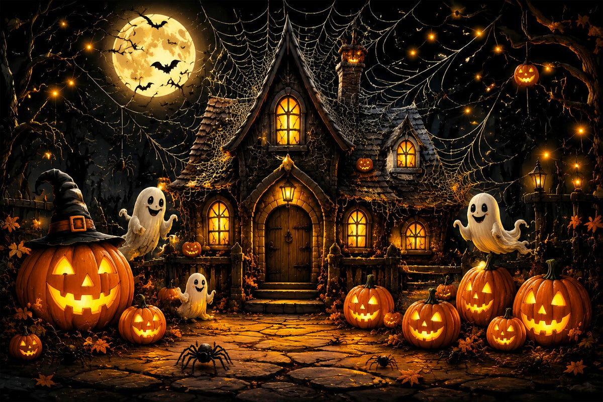 Halloween-Hintergrund Für FotoboxGeist Kürbis Hütte Spinnweben Niedlicher Halloween-Hintergrund LXX67-24