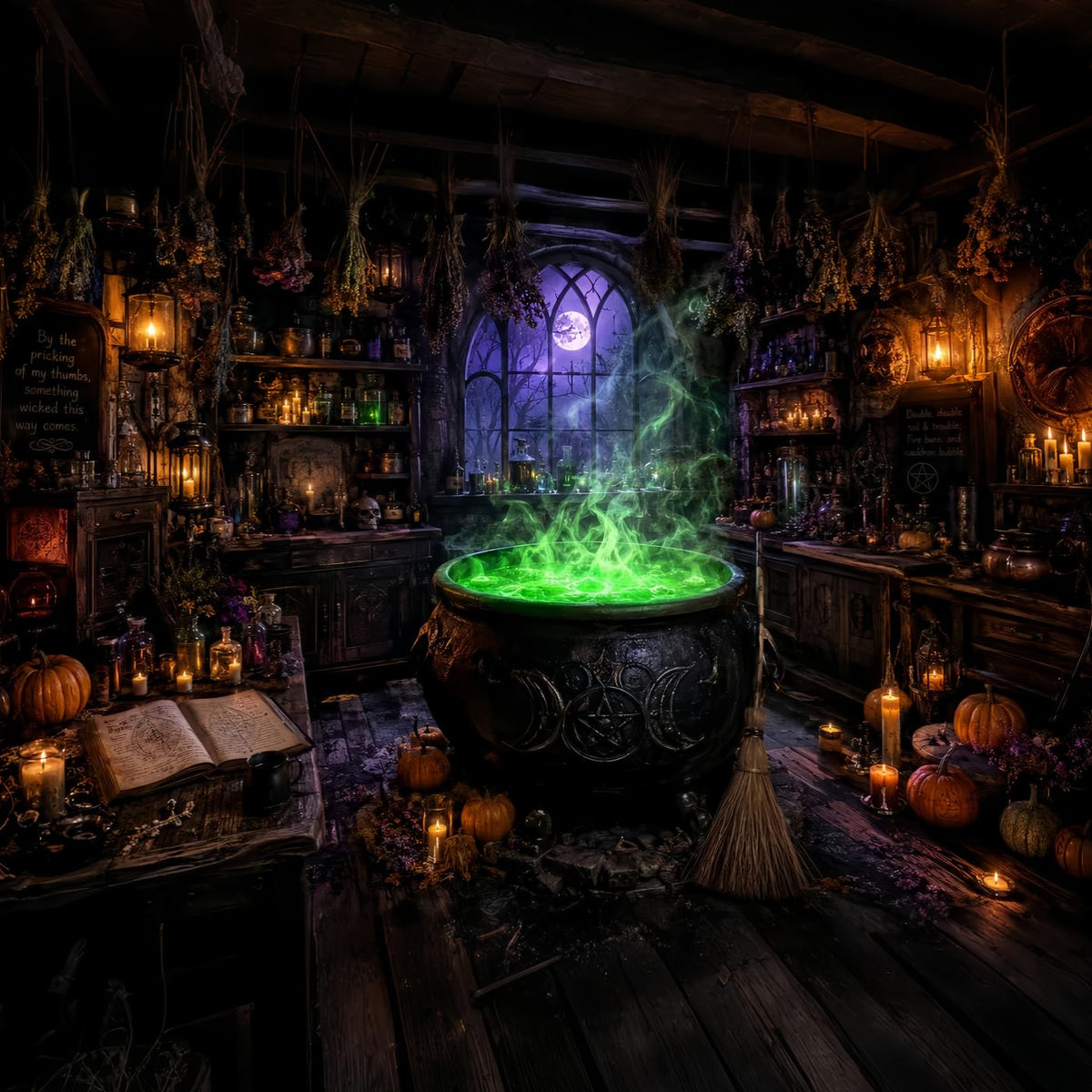 Halloween-Hexen-Hintergrund Grüner Kessel Werkstatt Halloween-Party-Fotohintergrund LXX67-241