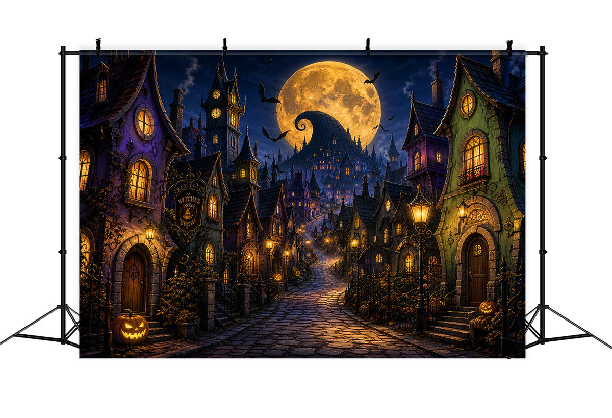 Halloween-Stadt-Kulisse Goldener Mond Hexendorf-Fotohintergrund Halloween LXX67-243