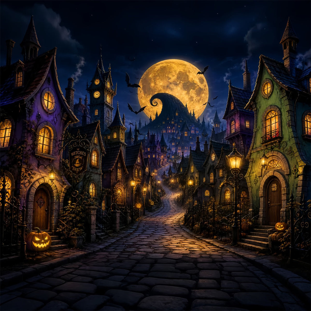Halloween-Stadt-Kulisse Goldener Mond Hexendorf-Fotohintergrund Halloween LXX67-243