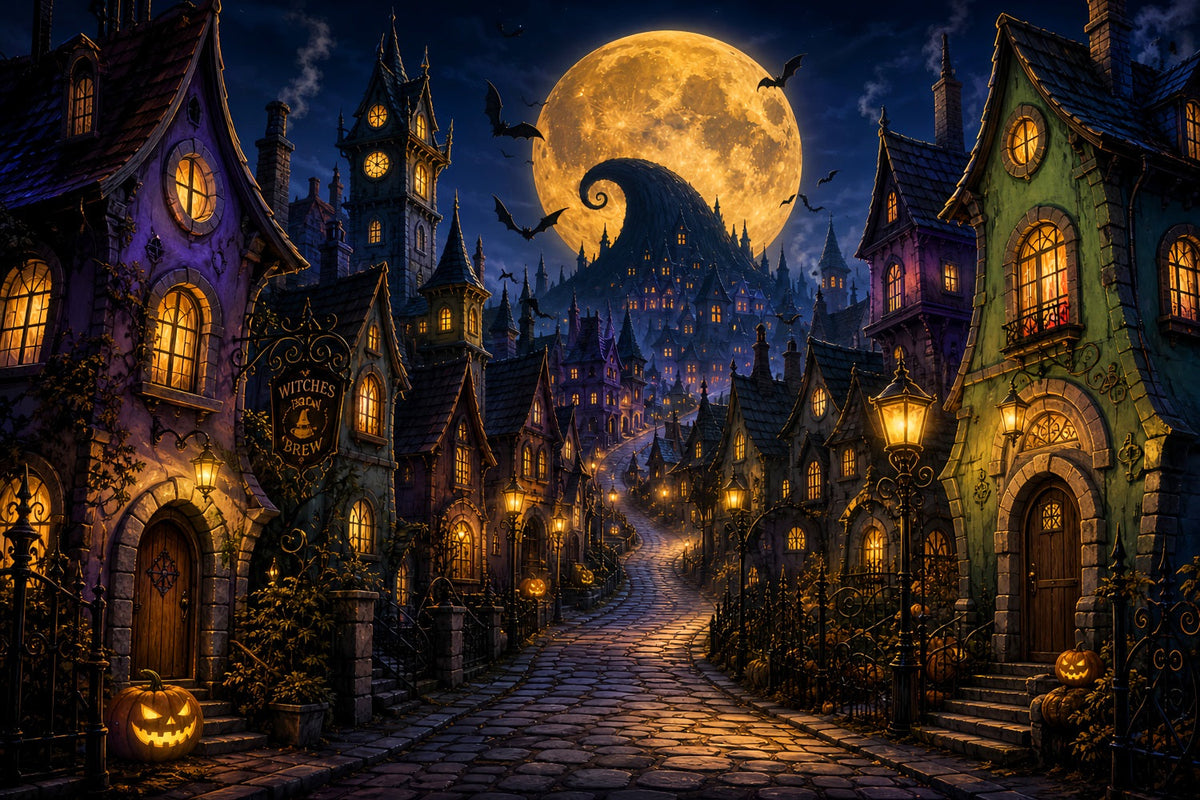 Halloween-Stadt-Kulisse Goldener Mond Hexendorf-Fotohintergrund Halloween LXX67-243