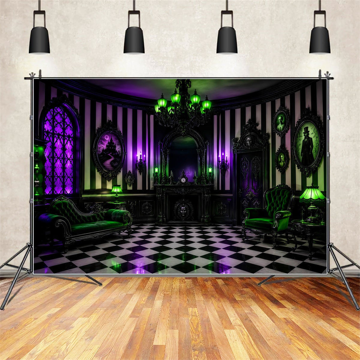 Halloween-Spukhaus-Kulisse Lila Grün Gothic Salon Gruselige Kulisse LXX67-245