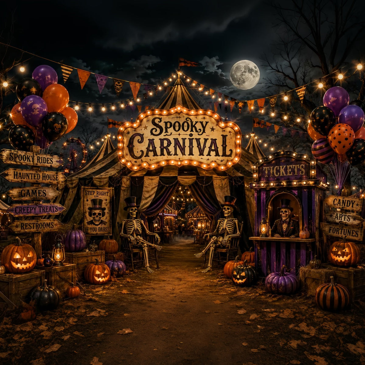 Halloween-Zirkuskulisse Mondbeschienenes Skelett Karnevalseingang Horror-Kulissen LXX67-247