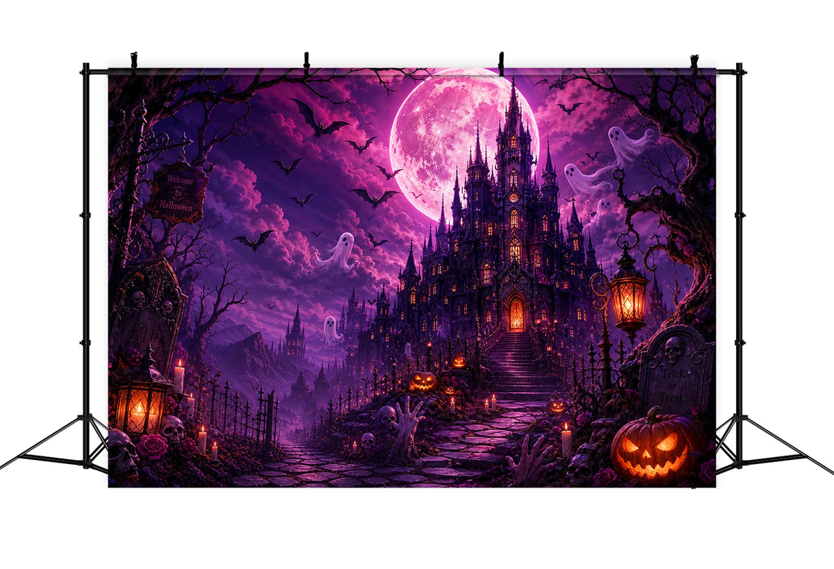 Friedhof-Halloween-Kulissen Lila Mond Geisterschloss Rosa Halloween-Kulisse LXX67-248