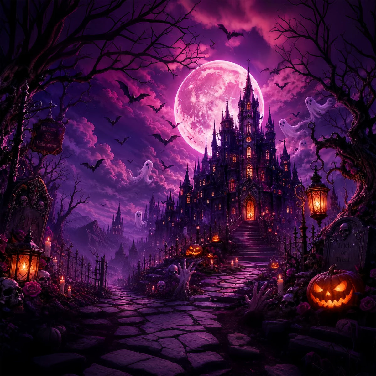 Friedhof-Halloween-Kulissen Lila Mond Geisterschloss Rosa Halloween-Kulisse LXX67-248