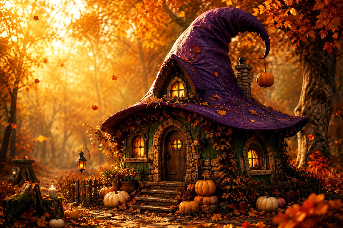 Hexenhaus-Hintergrund Herbstliche Hexenhut-Hütte Gruseliger Fotohintergrund LXX67-249