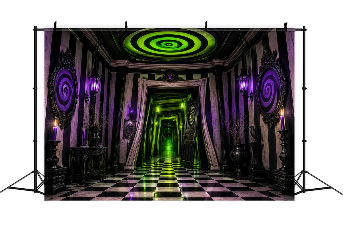 Gruselhaus-Hintergrund Neon-Spirale Karierter Korridor Gruselige Halloween-Hintergründe LXX67-252