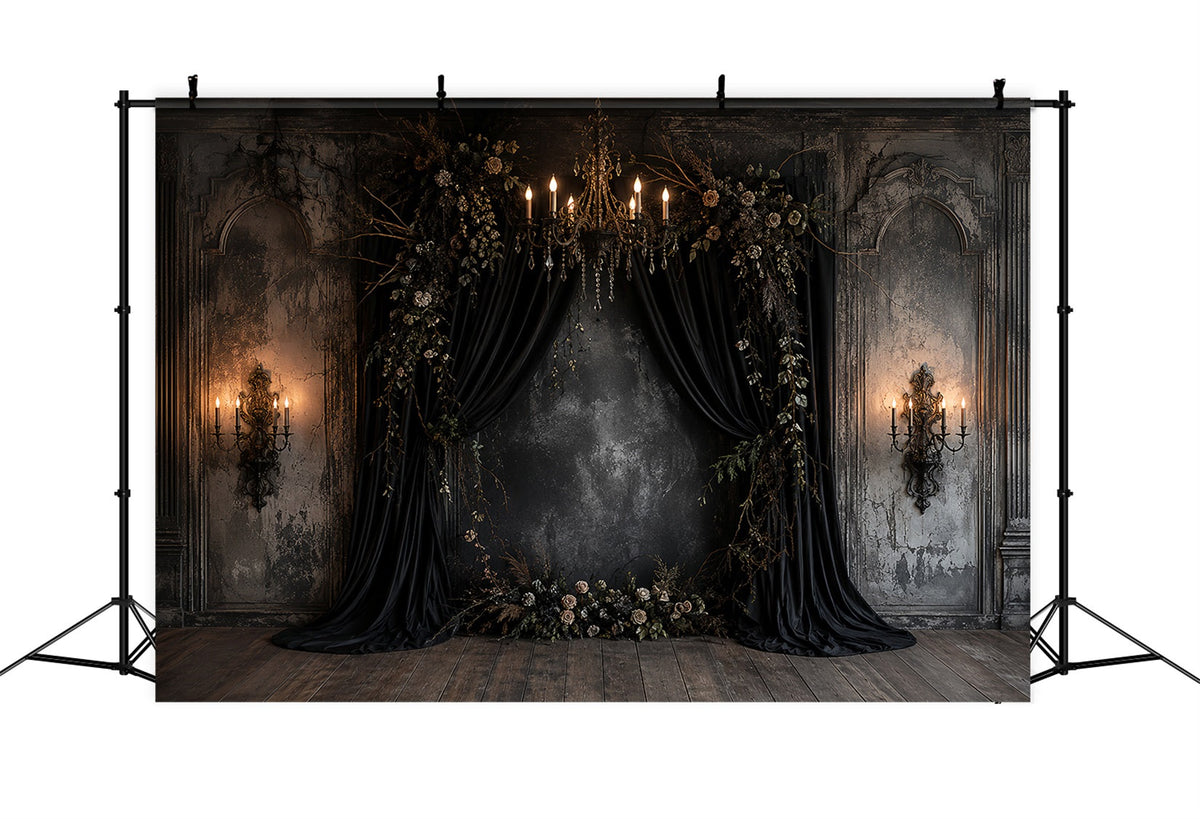 Kürbis-Hintergrund Schwarz Drapiert Florale Alkoven-Gothic-Hochzeitshintergrund LXX67-257