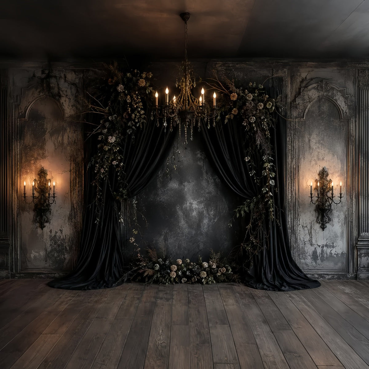 Kürbis-Hintergrund Schwarz Drapiert Florale Alkoven-Gothic-Hochzeitshintergrund LXX67-257
