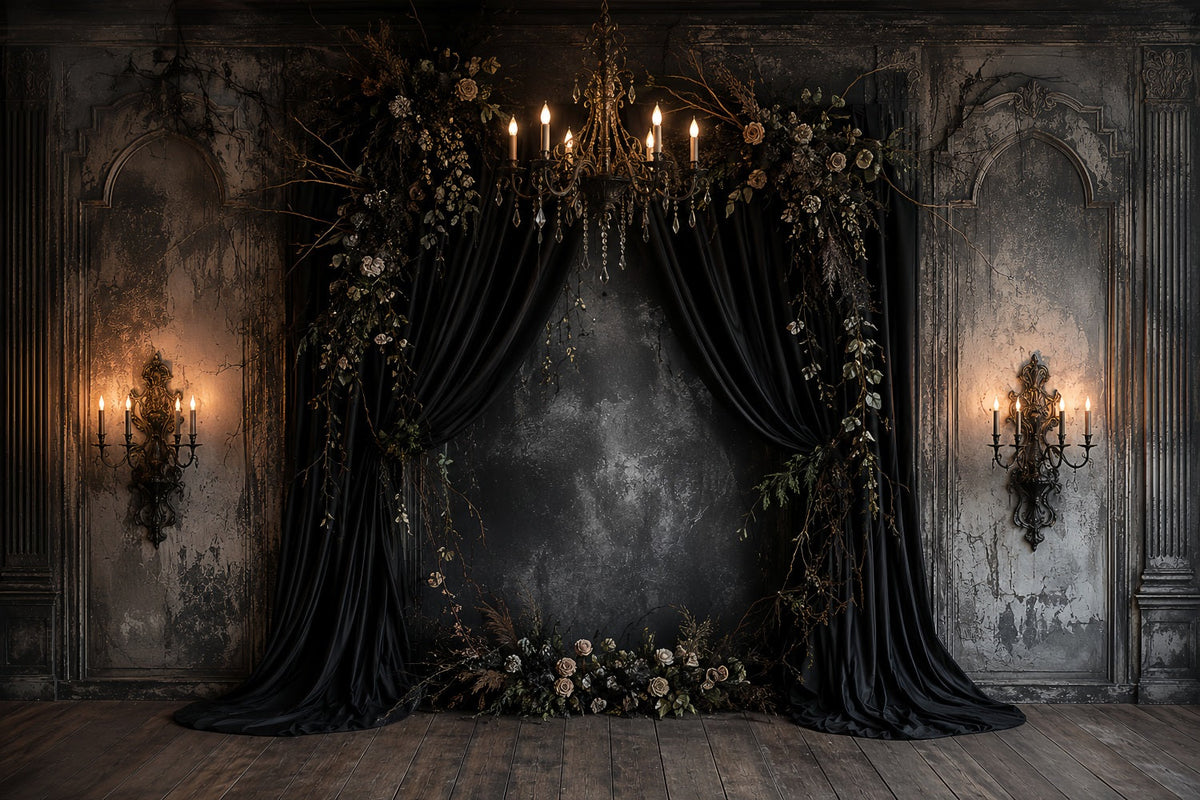 Kürbis-Hintergrund Schwarz Drapiert Florale Alkoven-Gothic-Hochzeitshintergrund LXX67-257