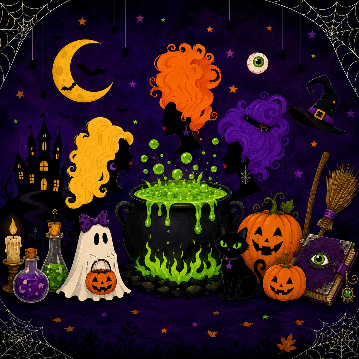 Halloween-Mond-Hintergrund Cartoon-Hexenkessel Magic-Hintergrund LXX67-259