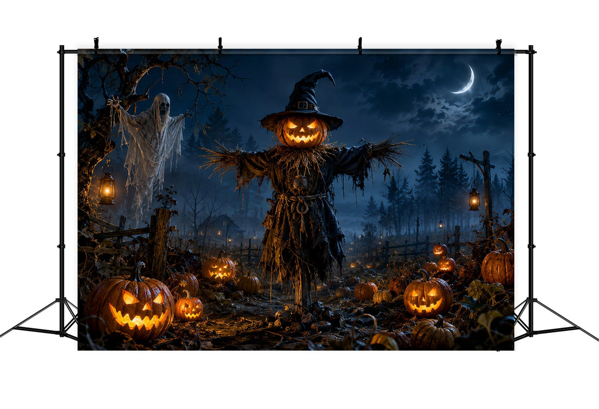Kürbisbeet-Hintergrundkulisse Vogelscheuchen-Geisterfeld-Halloween-Themenhintergrund LXX67-261