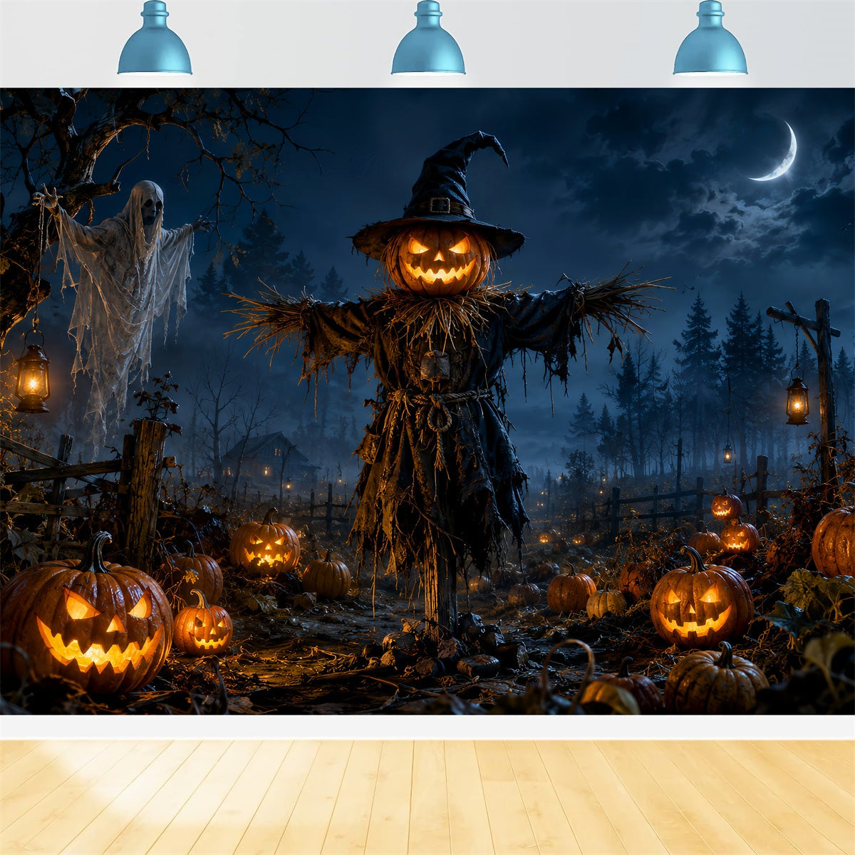 Kürbisbeet-Hintergrundkulisse Vogelscheuchen-Geisterfeld-Halloween-Themenhintergrund LXX67-261
