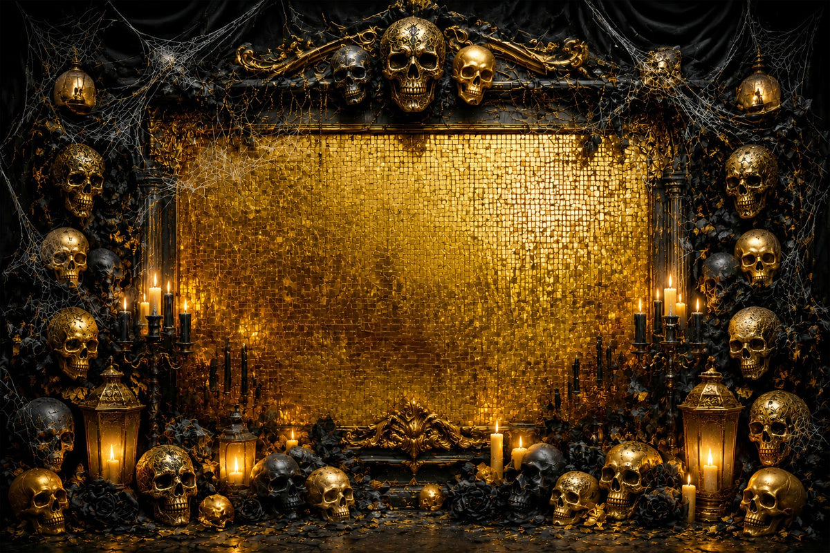 Halloween-Fotohintergrund Mit Goldenem Totenkopf-Kerzenrahmen Halloween-Geburtstagshintergrund LXX67-27