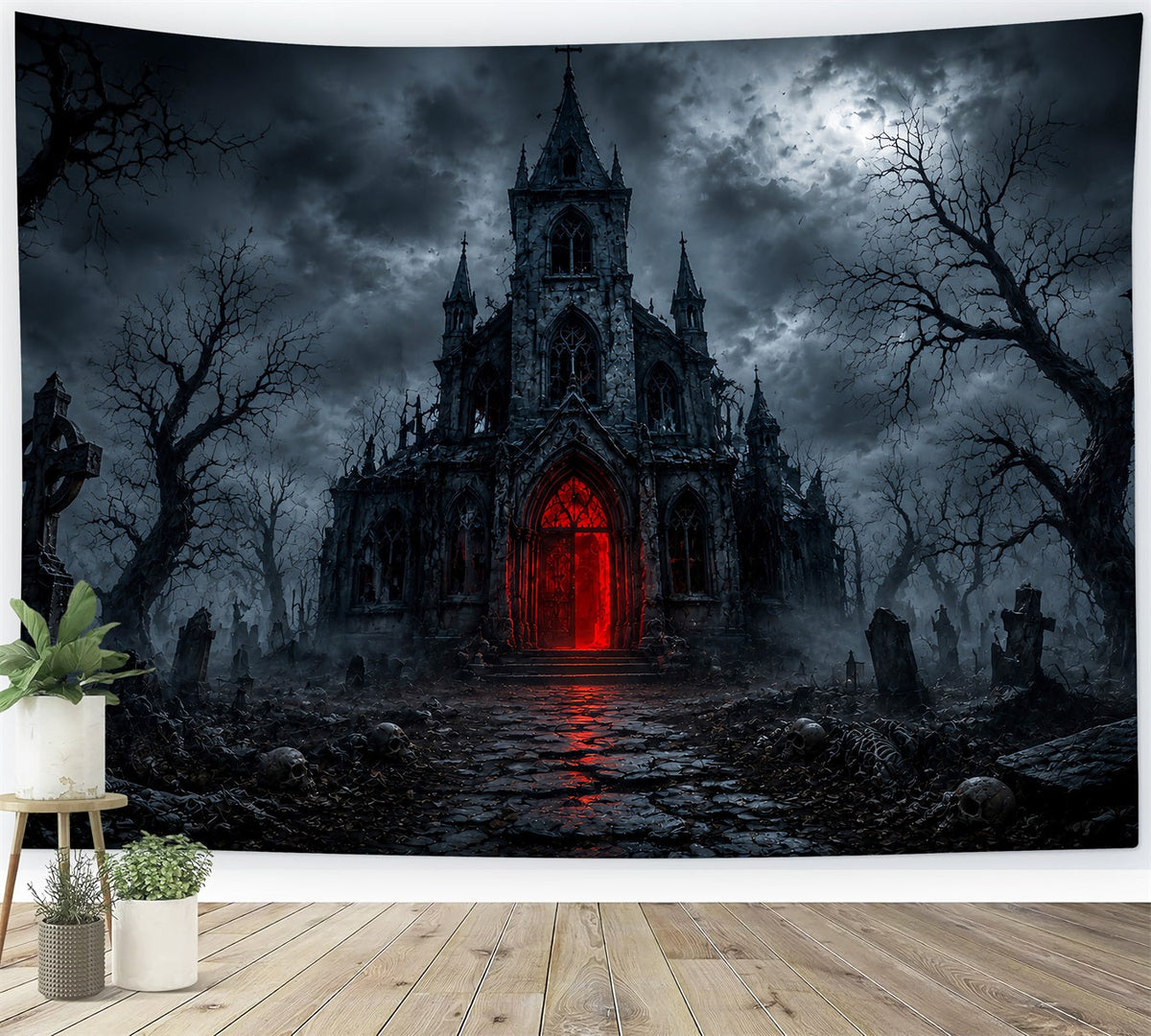 Halloween-Haus-Kulisse Gotische Kirche Rotes Portal Halloween-Friedhofs-Kulisse LXX67-28
