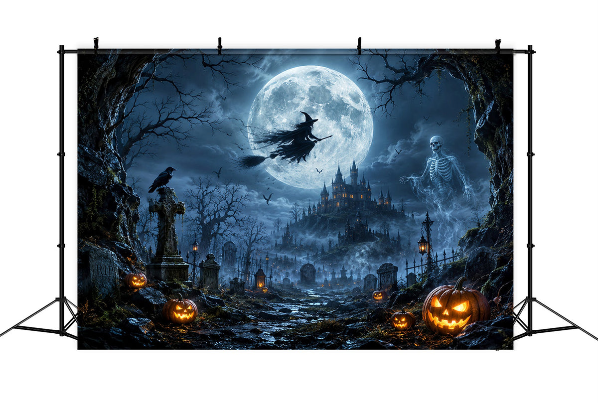 Gruselige Halloween-HintergrundideenMondbeschienene Hexe Skelett Friedhof Halloween-Fotoshooting-Hintergrund LXX67-29