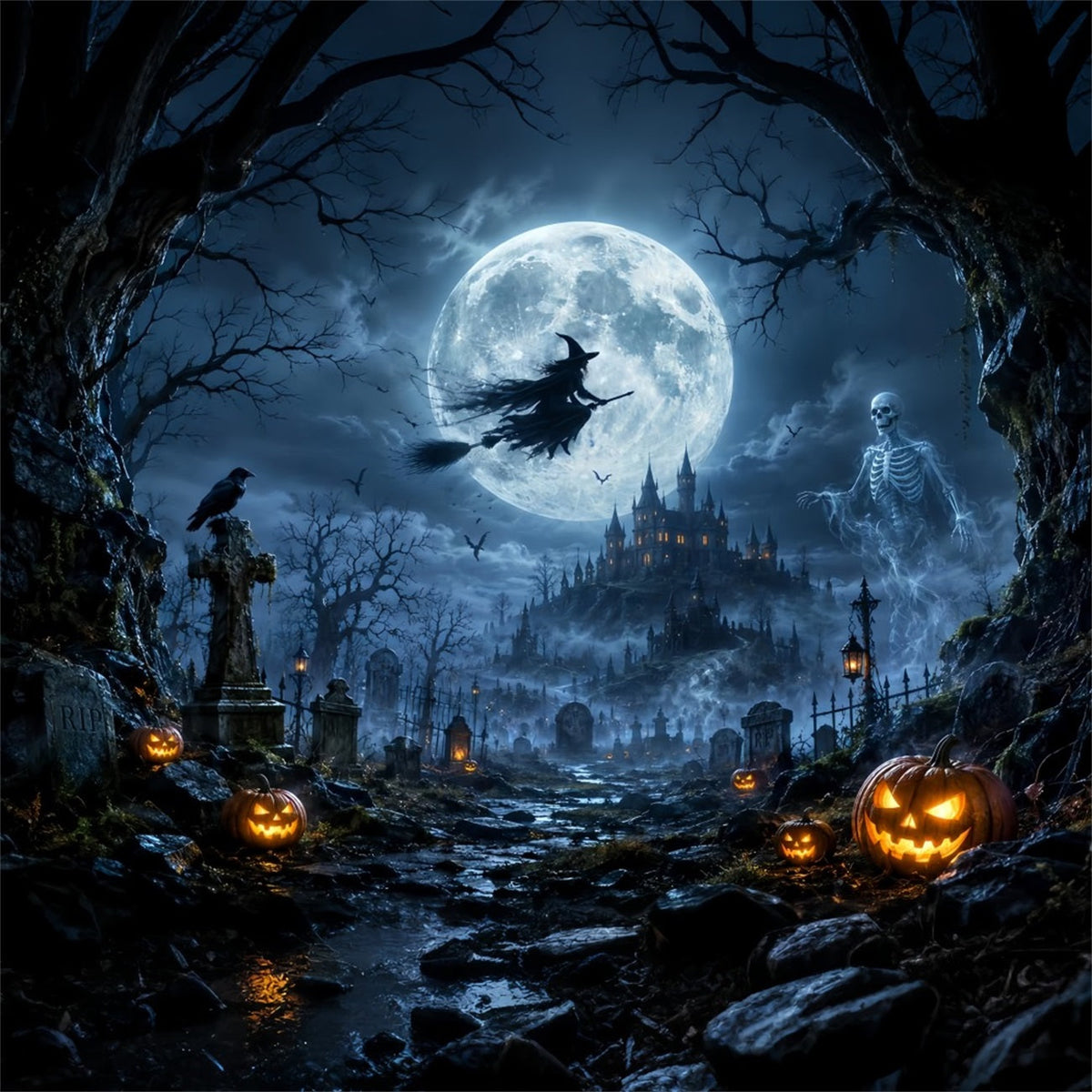Gruselige Halloween-HintergrundideenMondbeschienene Hexe Skelett Friedhof Halloween-Fotoshooting-Hintergrund LXX67-29