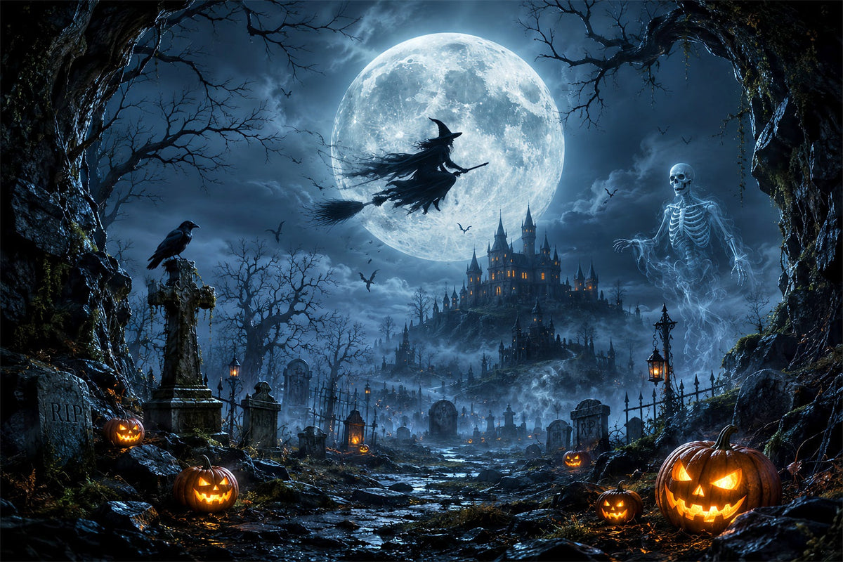 Gruselige Halloween-HintergrundideenMondbeschienene Hexe Skelett Friedhof Halloween-Fotoshooting-Hintergrund LXX67-29