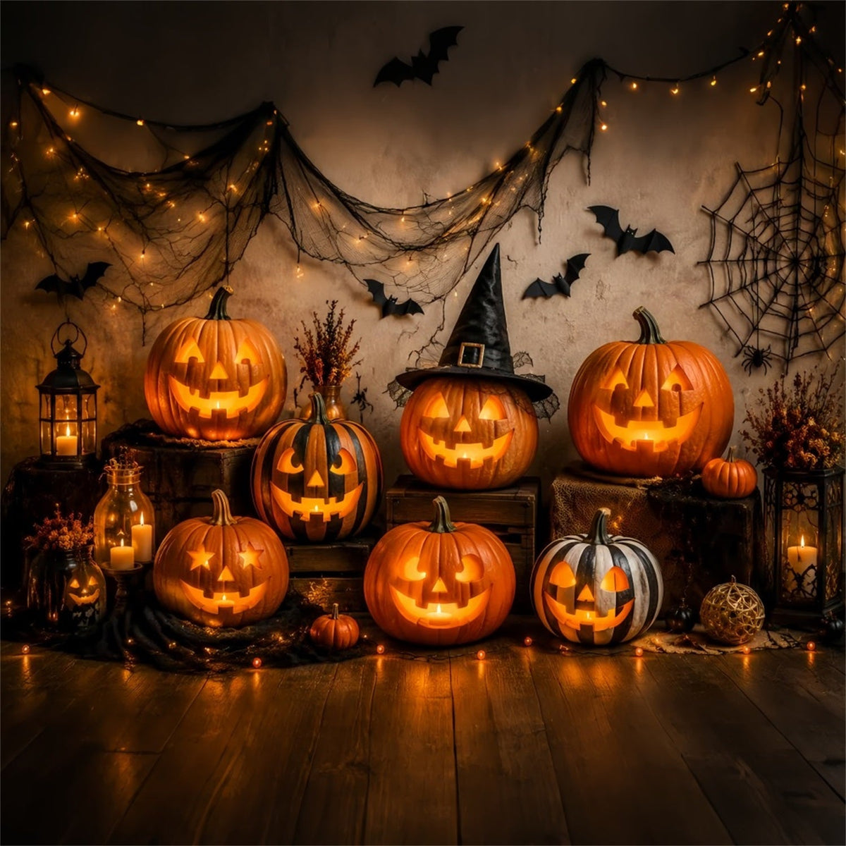 Halloween-Hintergrund Aus Stoff Mit Leuchtenden Kürbislaternen Halloween-Hintergrund Für Fotos LXX67-30