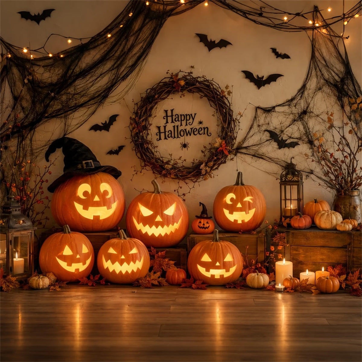 Stoffhintergrund Für Halloween Rustikales Kürbiskranz-Arrangement Halloween-Hintergrund Für Fotos LXX67-31