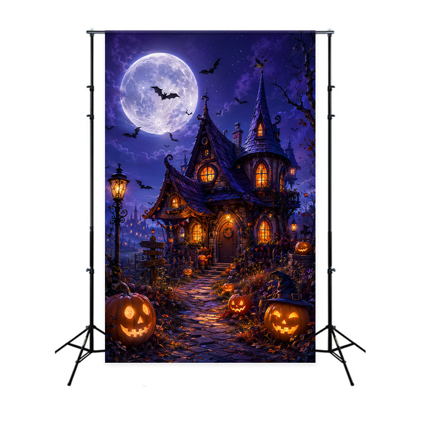 Diy-Halloween-Hintergrundideen Mondbeschienene Hexenhütte Kürbisse Gruselige Hintergründe Für Halloween LXX67-33
