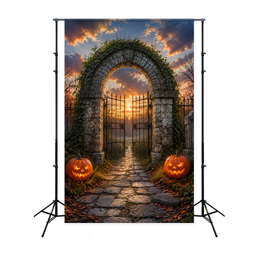 Halloween-Bogen-Hintergrund Sonnenuntergang Friedhofsbogen Kürbisse Große Halloween-Hintergründe LXX67-35